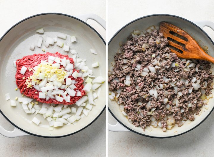 two photos showing How to Make Ground Beef Tacos - cooking the ground beef, onion and garlic