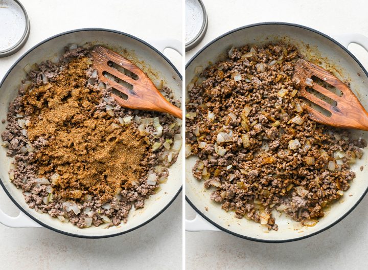 two photos showing How to Make Ground Beef Tacos - adding taco seasoning