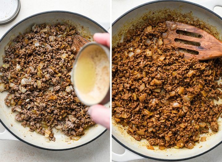 two photos showing How to Make Ground Beef Tacos - adding lime juice