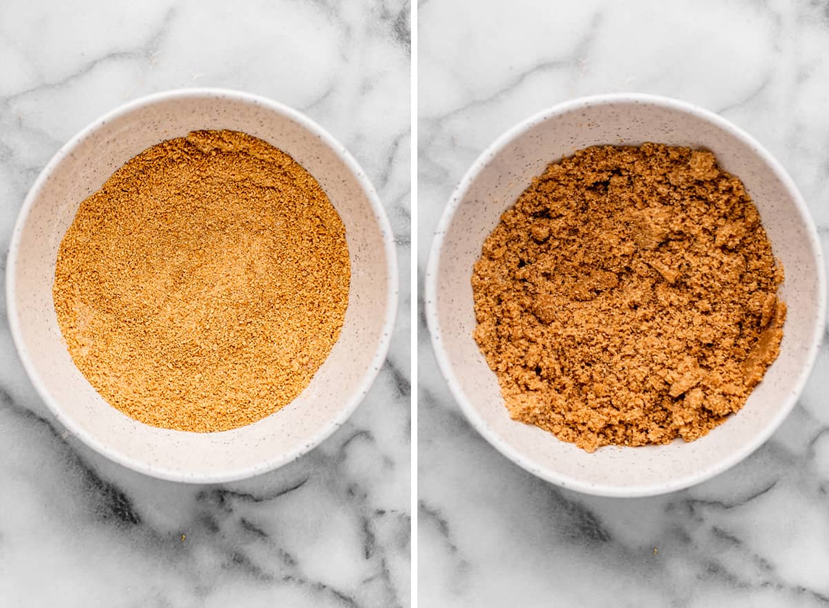 two photos showing How to Make Lemon Pie - making the graham cracker crust
