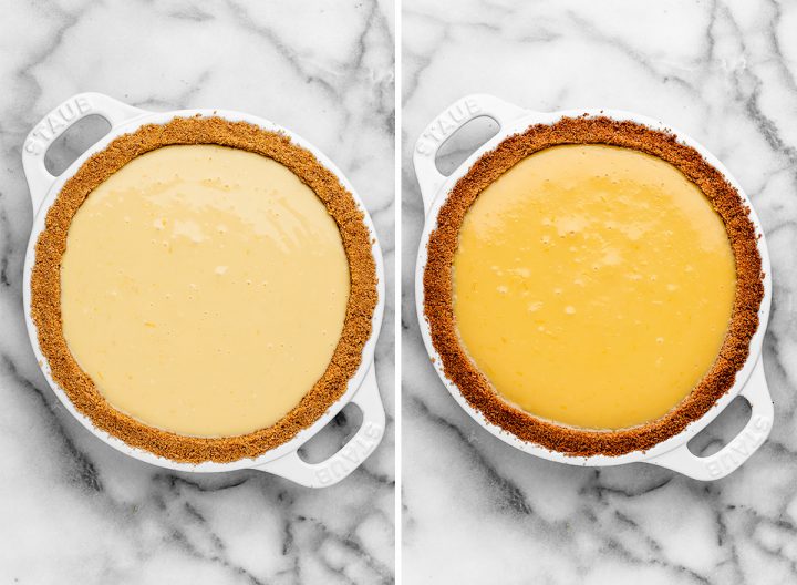 two photos showing How to Make Lemon Pie - before and after baking in the pie dish