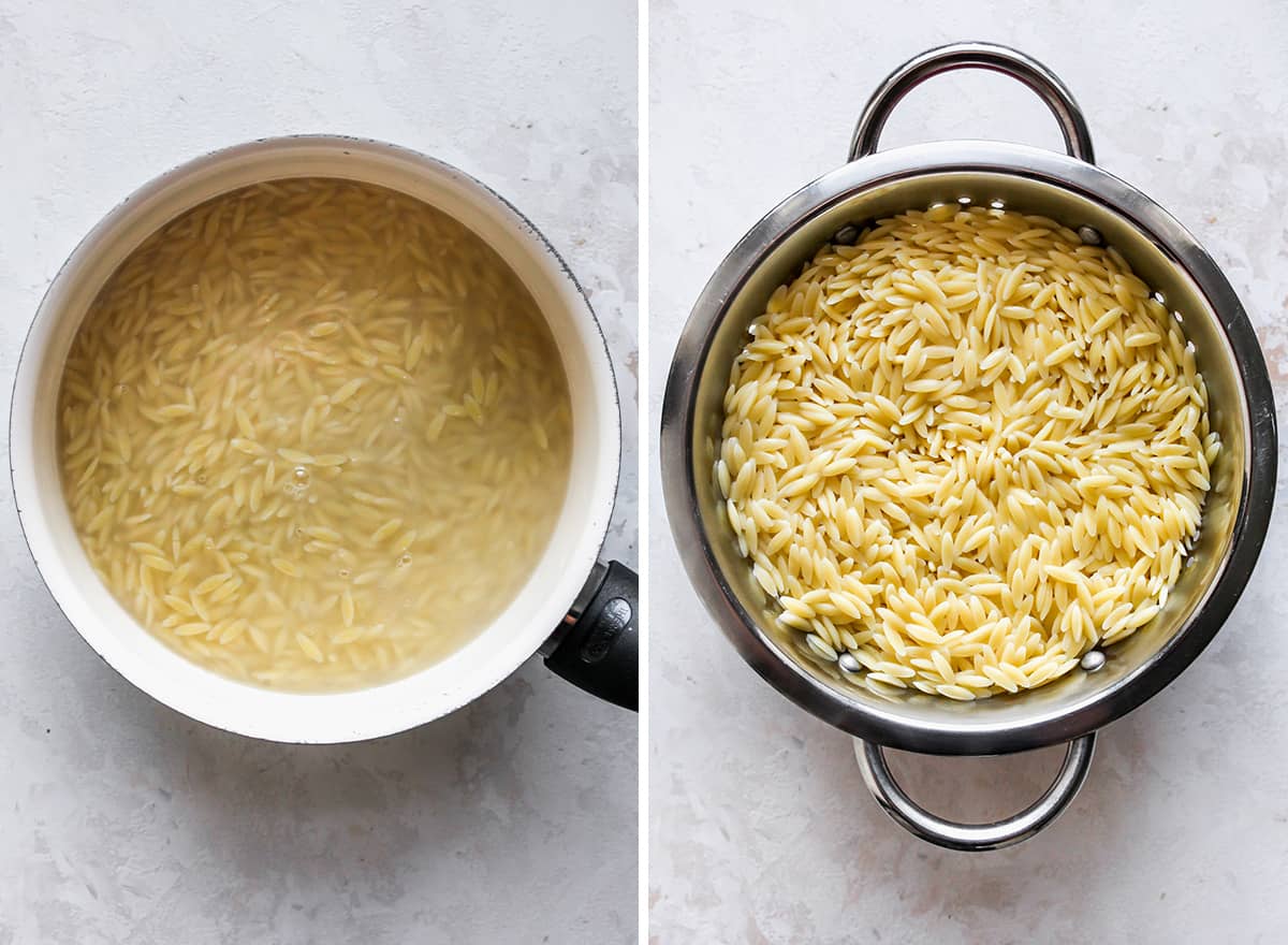 two photos showing how to cook orzo to make orzo salad