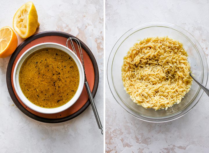 two photos showing how to make orzo salad - making the dressing and tossing the orzo with it