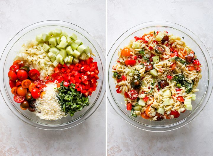 two photos showing how to make orzo salad - adding the veggies and stirring to combine