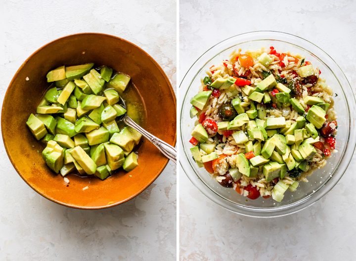 two photos showing how to make orzo salad - adding the avocado