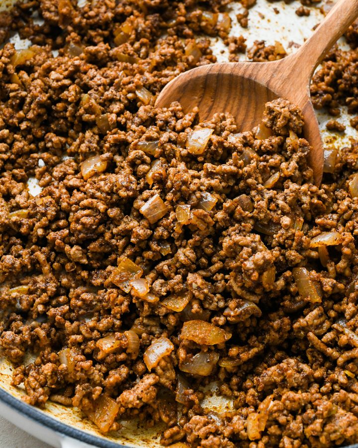 Ground Beef Tacos in the pan after they are fully cooked