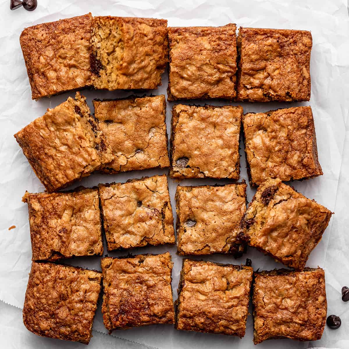 16 Chocolate Chip Oatmeal Cookie Bars cut into squares