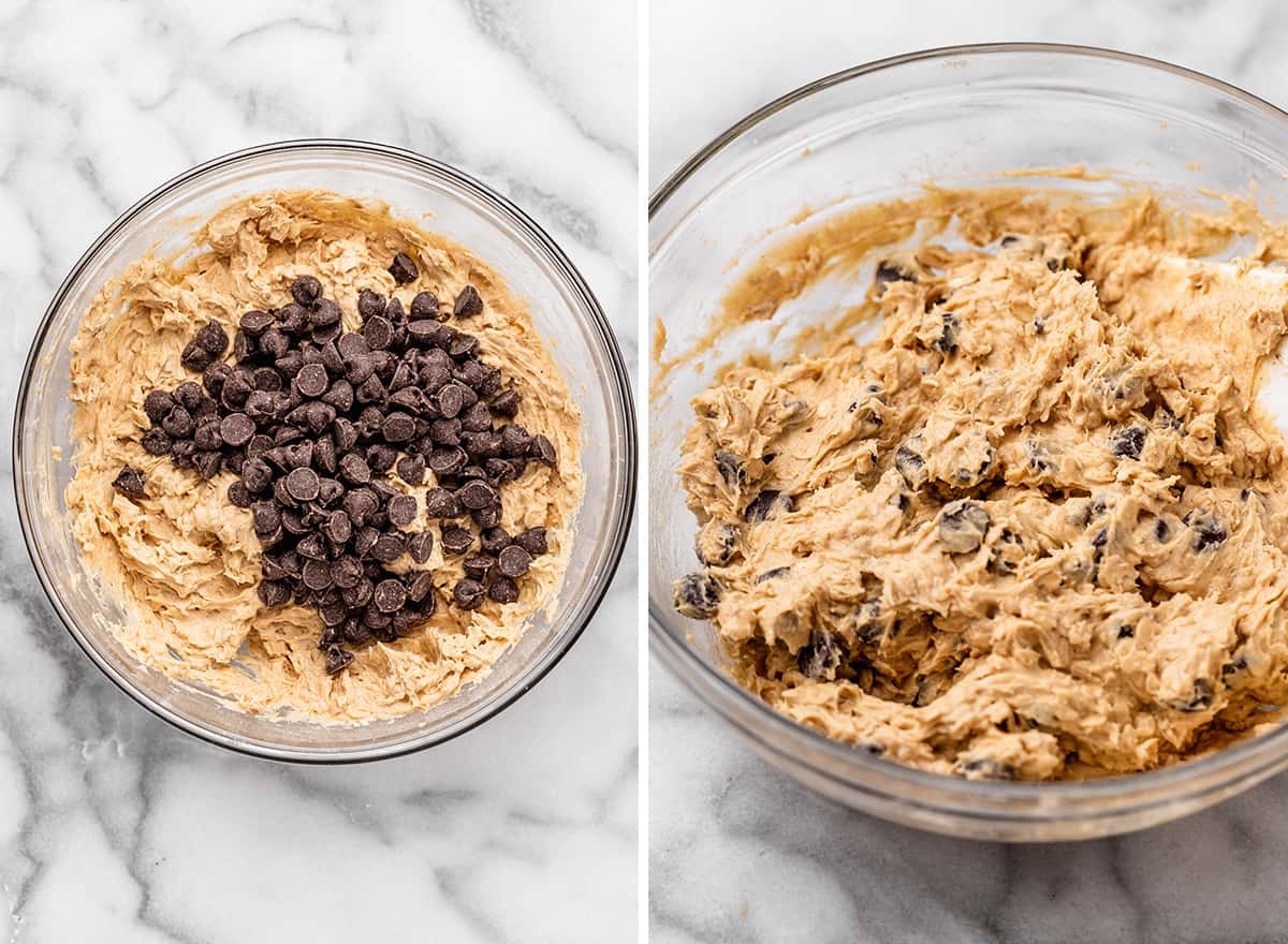 two photos showing how to make oatmeal cookie bars - mixing in chocolate chips