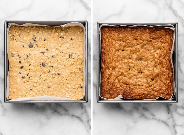 two photos showing how to make oatmeal cookie bars - before and after baking in a 9x9" pan
