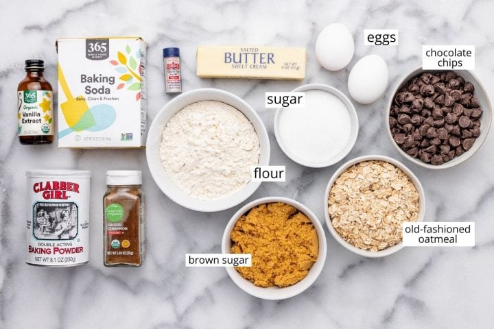 ingredients in this Chocolate Chip Oatmeal Cookie Bar recipe