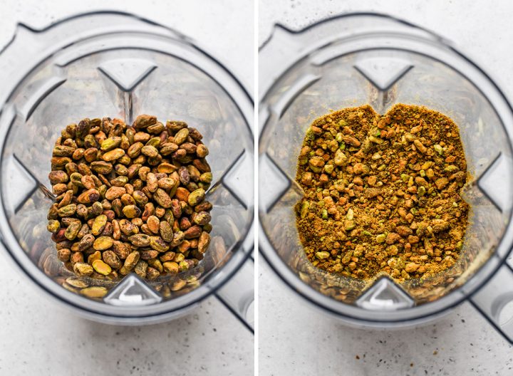 two photos showing How to Make Pistachio Chicken  - crushing pistachios 