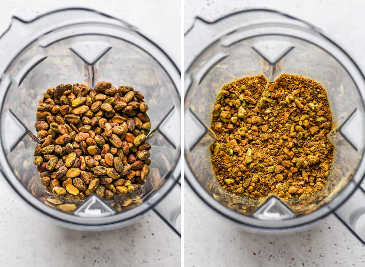 two photos showing How to Make Pistachio Chicken  - crushing pistachios 