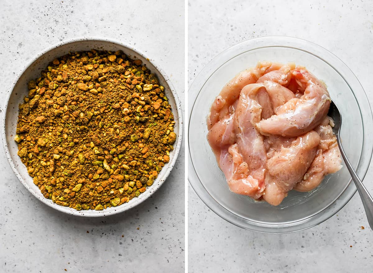 two photos showing How to Make Pistachio Chicken - coating chicken in olive oil and spices