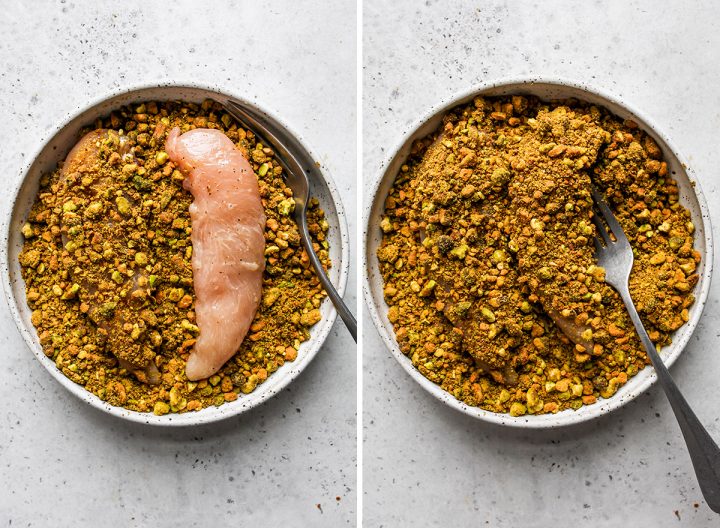 two photos showing How to Make Pistachio Chicken - coating chicken in crushed pistachios 