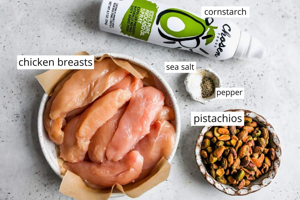 overhead photo of the labeled ingredients in this pistachio chicken recipe