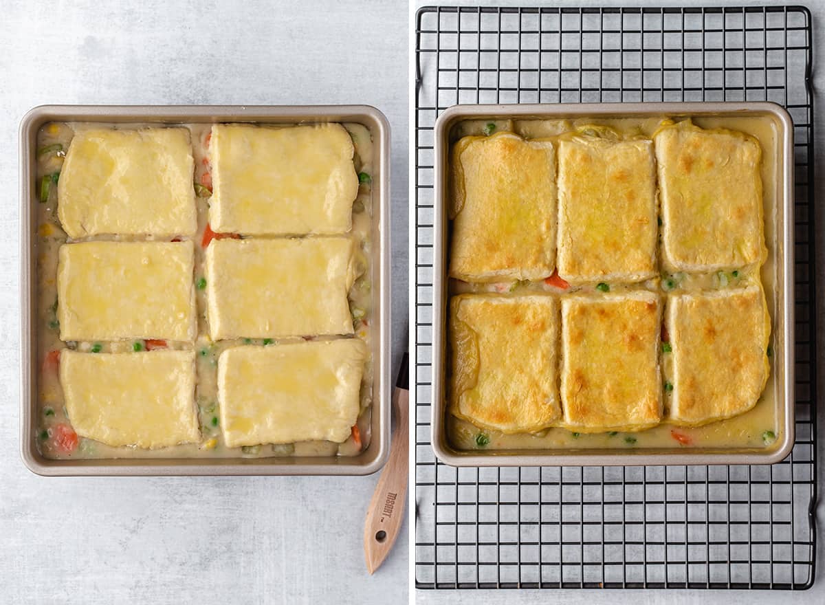 two photos showing this veggie pot pie before and after baking