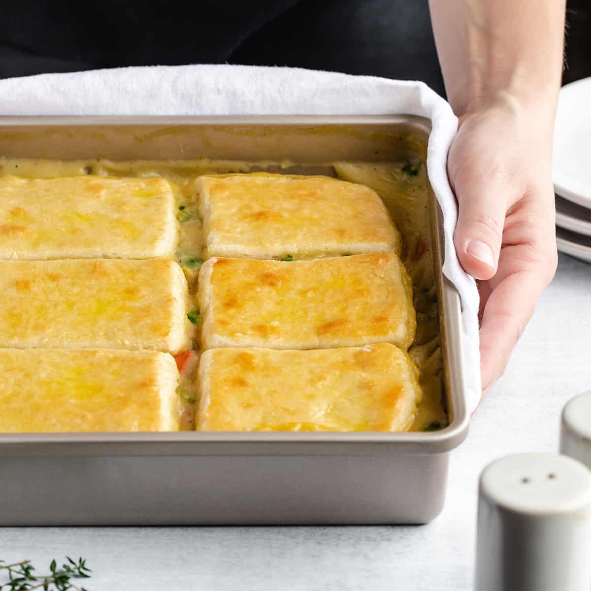 Vegetable Pot Pie Recipe in a baking dish after being baked