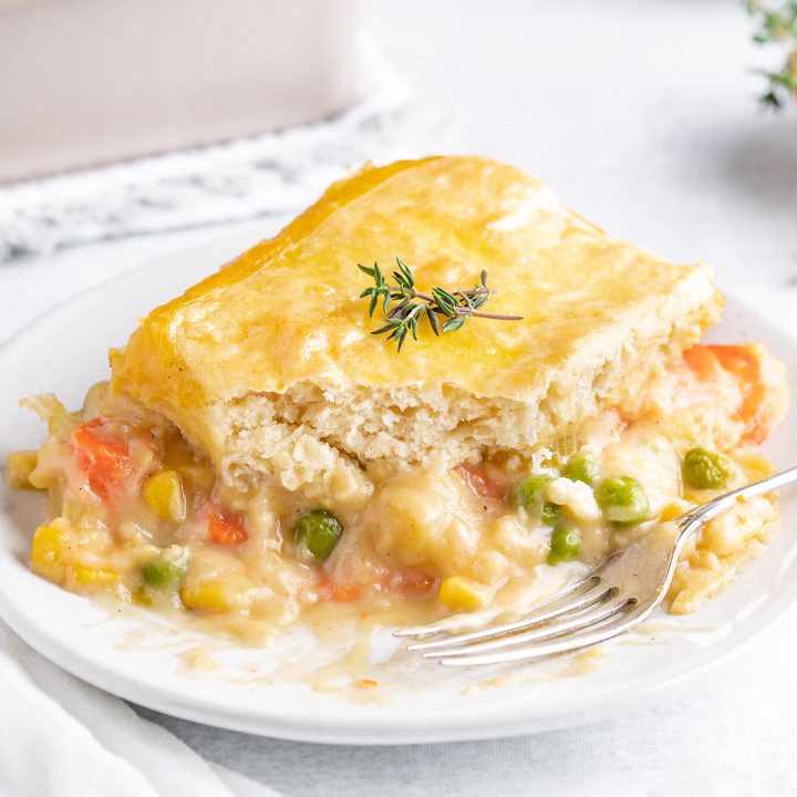 a serving of Vegetable Pot Pie on a plate with a fork