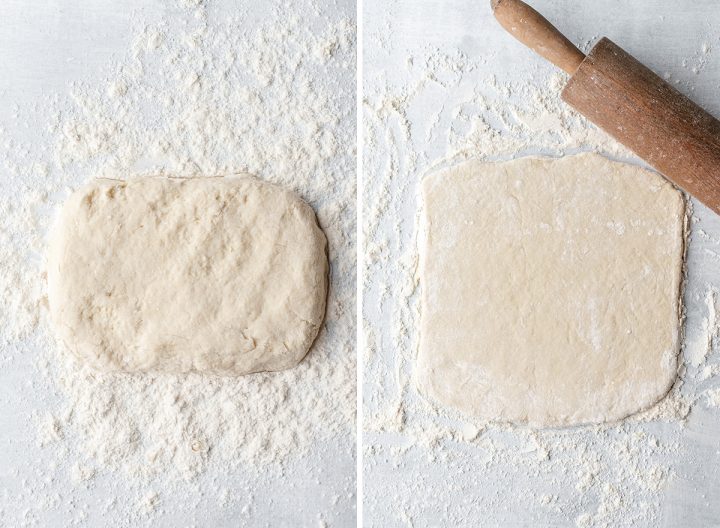 two photos showing how to make the biscuit crust in this vegetable pot pie recipe