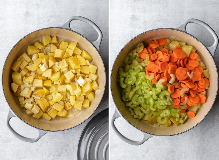 two photos showing how to make the filling for this vegetable pot pie recipe - cooking the potatoes and adding carrots & celery