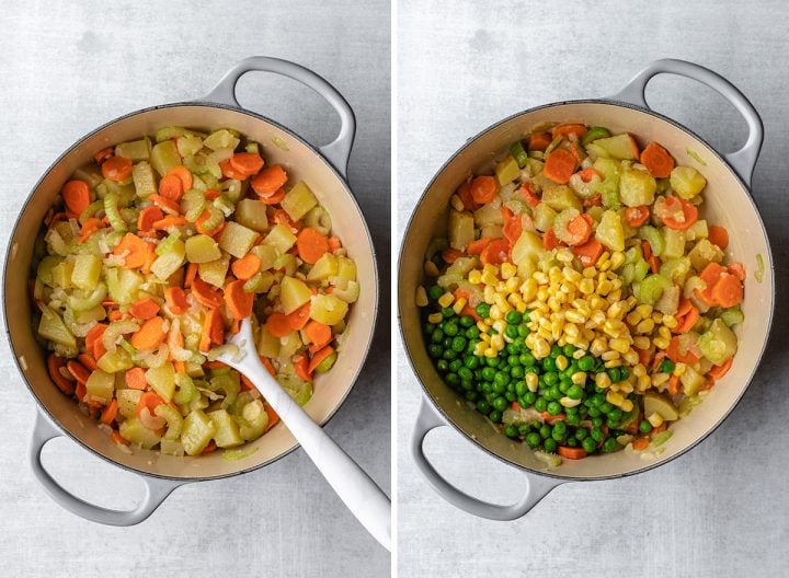 two photos showing how to make the filling for this vegetable pot pie recipe - adding peas and corn