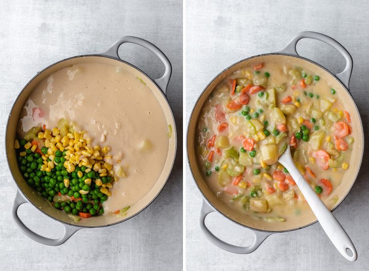 two photos showing how to make the filling for this vegetable pot pie recipe - adding the sauce