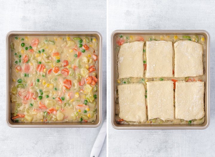two photos showing how to assemble this vegetable pot pie