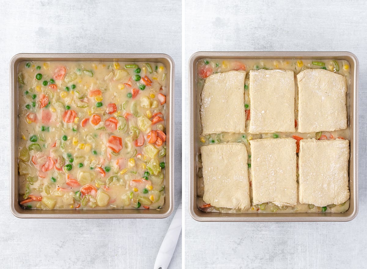 two photos showing how to assemble this vegetable pot pie