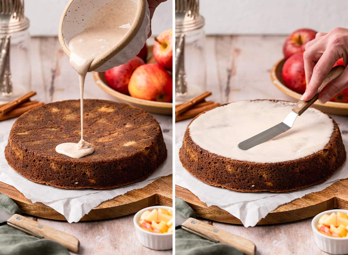 two photos showing glaze being poured and then spread over an apple cake