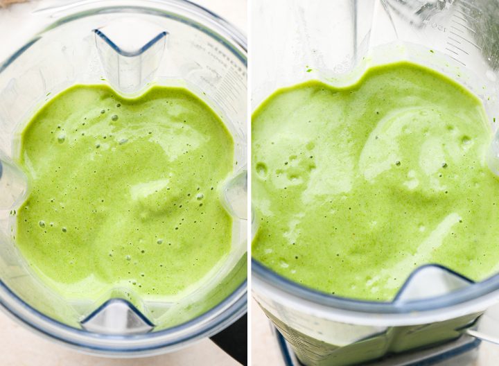 two photos showing How to Make an Avocado Smoothie - in the blending container after blending