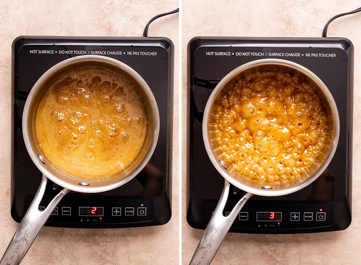 two photos showing How to Make Caramel Apple Dip in a saucepan