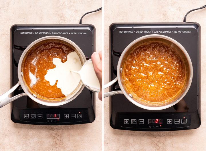 two photos showing How to Make Caramel Apple Dip in a saucepan