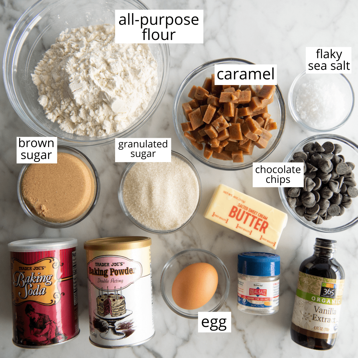 overhead view of the ingredients in this Chocolate Chip Caramel Cookies recipe