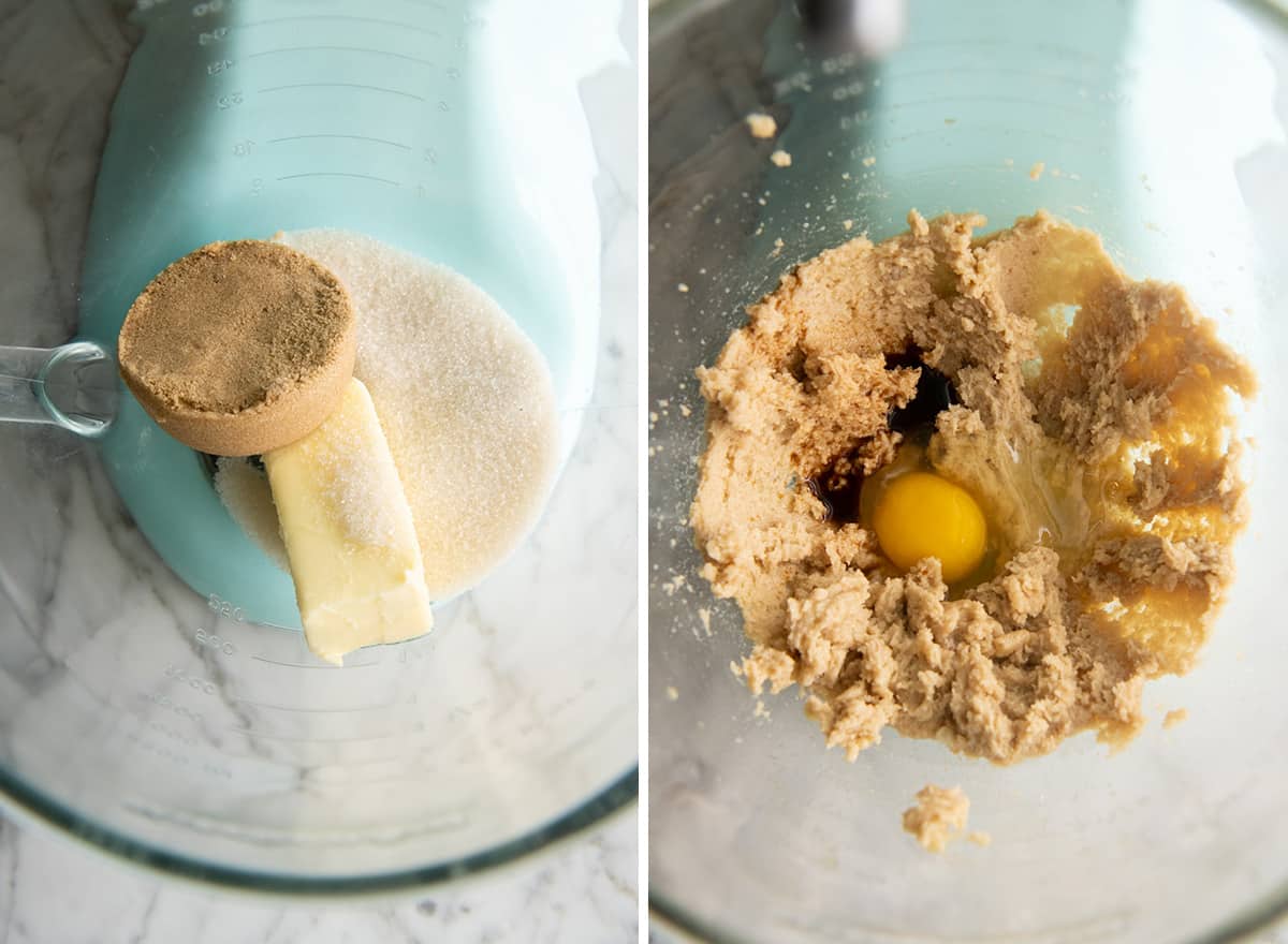 two photos showing Chocolate Chip Caramel Cookies - beating butter, sugar, egg and vanilla