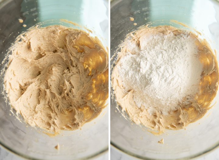 two photos showing Chocolate Chip Caramel Cookies - combining wet and dry ingredients 