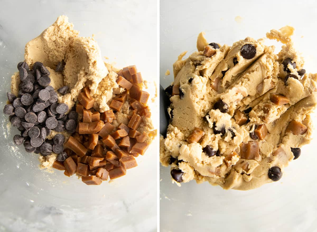 two photos showing Chocolate Chip Caramel Cookies - adding chocolate chips & caramel