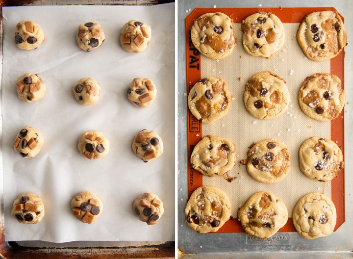 two photos showing Chocolate Chip Caramel Cookies - before and after baking on a cookie sheet 