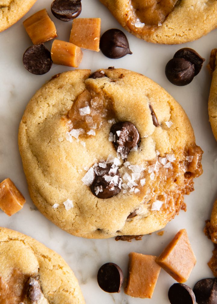 a Chocolate Chip Caramel Cookie with sea salt on top