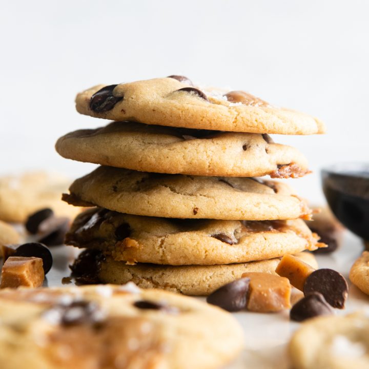 a stack of 5 Chocolate Chip Caramel Cookies
