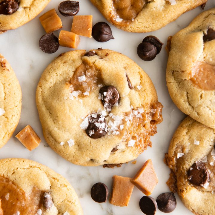 Chocolate Chip Caramel Cookies topped with sea salt