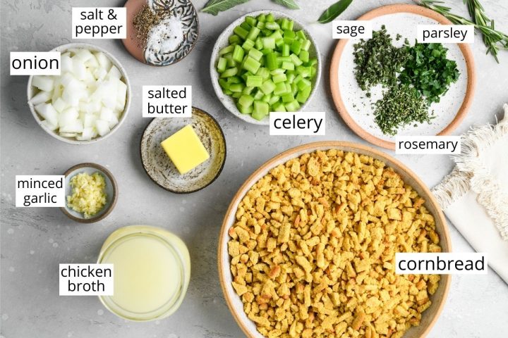 overhead view of the ingredients in this Cornbread Dressing recipe
