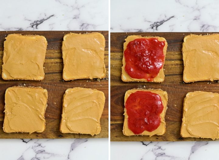 two photos showing How to make a Grilled Peanut Butter and Jelly Sandwich