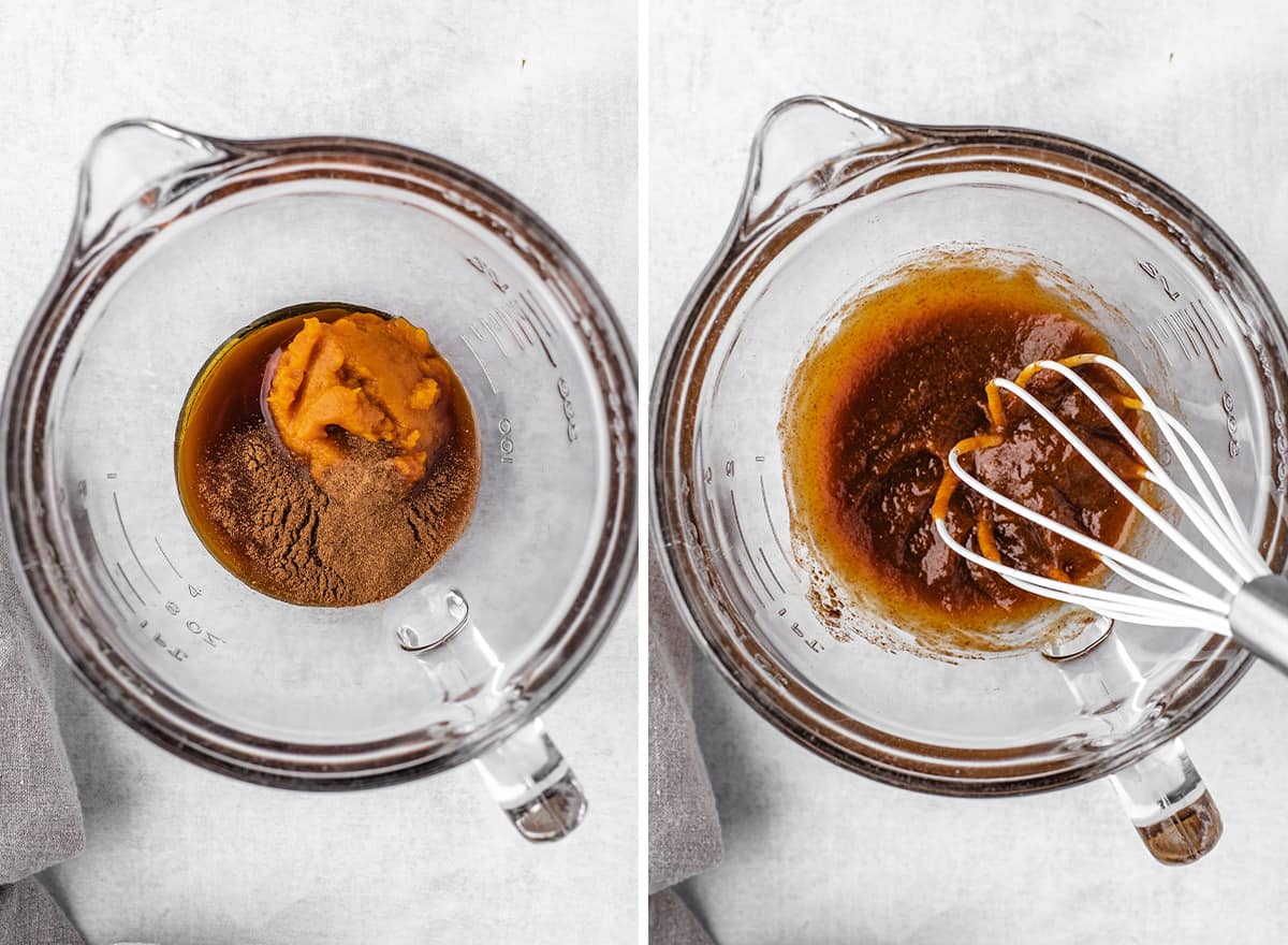 two photos showing How to Make a Pumpkin Spice Latte - whisking ingredients