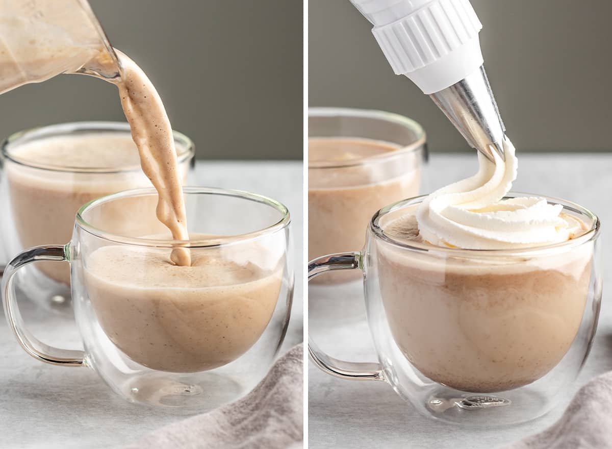 two photos - left is pumpkin spice latte being poured into a mug, right is whipped cream being piped on top
