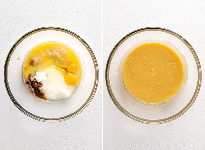 two photos showing How to Make Apple cake - combining wet ingredients in a glass bowl