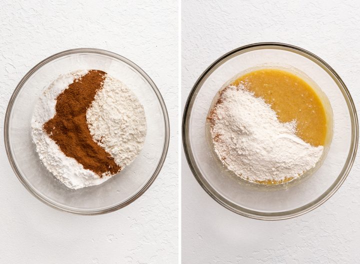 two photos showing How to Make Apple cake - adding dry ingredients to wet ingredients in a glass bowl
