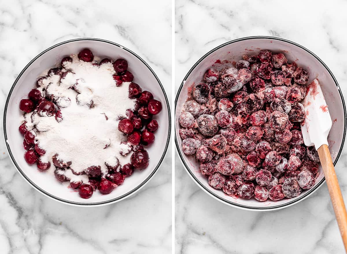 two photos showing How to Make Cherry Pie filling, combining dry ingredients with cherries