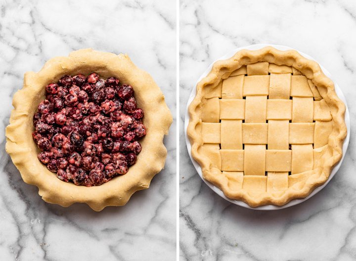 two photos showing How to Make Cherry Pie - adding the filling to the pie crust and forming a lattice top