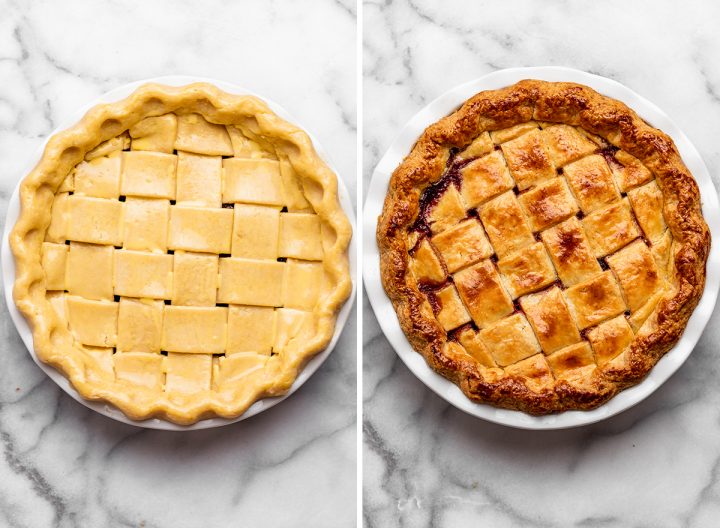 two photos showing How to Make Cherry Pie - the pie before and after baking