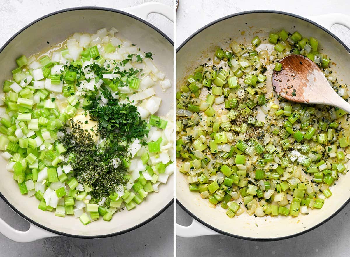 two photos showing vegetables and herbs cooking to make cornbread stuffing 